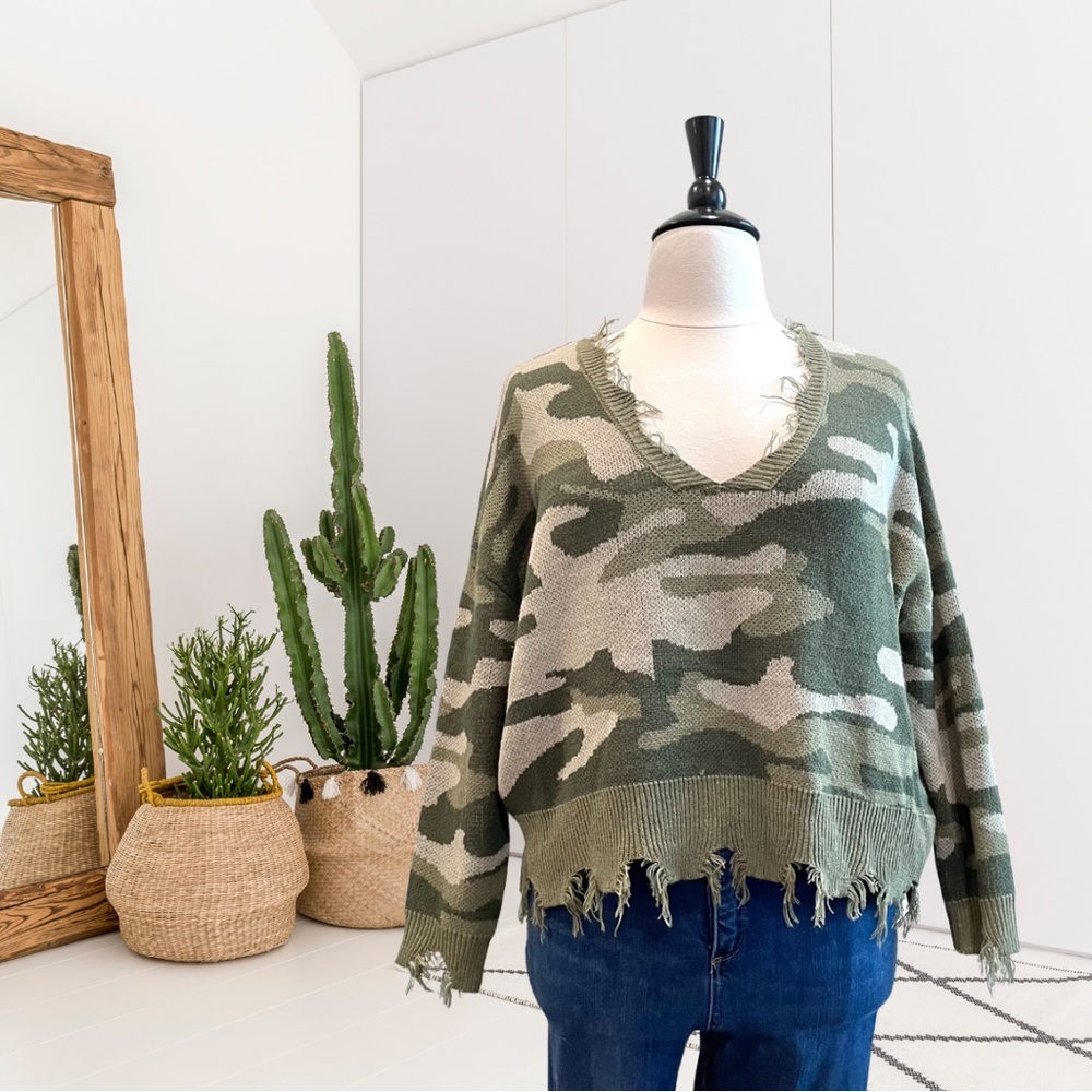 Just Polly Camo Knit Distressed Sweater